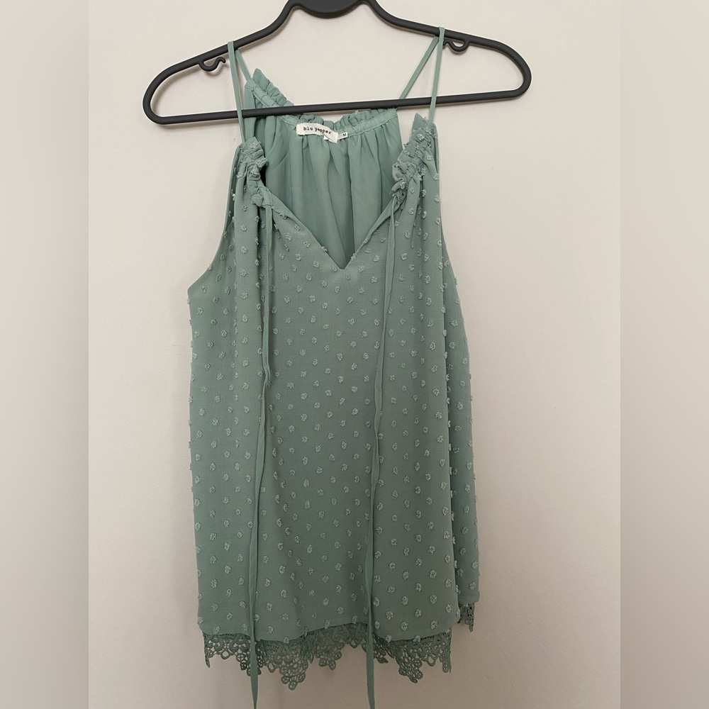 Sleeveless Clip Dot Blouse with Lace Hemline | Mint